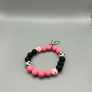 Pink and Black Beaded Keychain Bracelet - Handmade K0244C